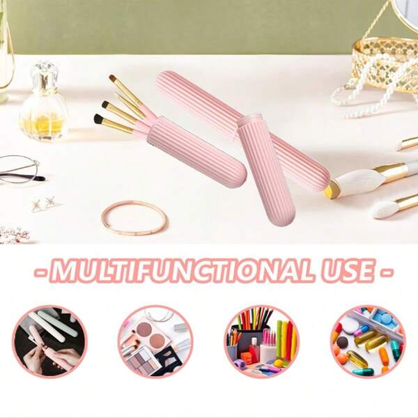 Caja de almacenamiento de brochas de maquillaje rosa, caja de almacenamiento de brochas de maquillaje portátil de viaje, caja de almacenamiento de cepillo de dientes, caja de almacenamiento de brochas de maquillaje de plástico, caja de almacenamiento de brochas de maquillaje de viaje con rayas simples, caja de artículos de tocador