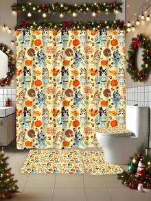 [Holiday Edition] 1/3/4pcs Bluey Family Cosplay Shower Curtain Set, Featuring Christmas Tree, Halloween Turkey Plaid Witch Hat, Bat Prints