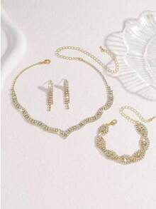 Conjunto de joyería para mujer - Collar, aretes y pulsera, adecuado para bodas y fiestas - Dorado - Ver 3