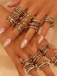 1 chiếc nhẫn kim cương vuông mạ vàng 18K sáng bóng, thép không gỉ chống thấm nước và chống phai màu, thích hợp đeo hàng ngày, dự tiệc, làm quà tặng Ngày của Mẹ - Vòng 4 (3 lớp) - Xem 9