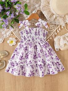 女婴花卉印花细肩带蝴蝶结荷叶边下摆连衣裙 - 紫色 - 查看 1