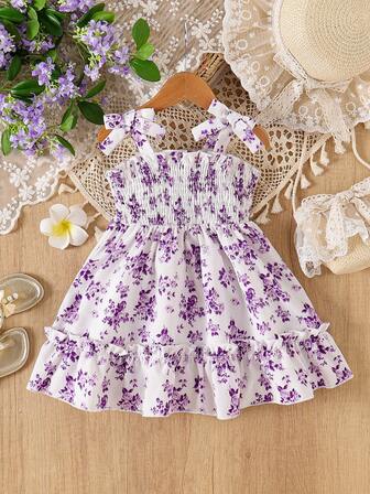 Robe à bretelles fines avec imprimé floral, nœud et volants à l'ourlet pour bébé fille