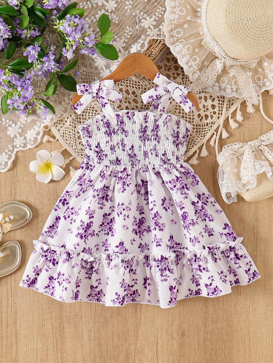 女婴花卉印花细肩带蝴蝶结荷叶边下摆连衣裙 - 紫色 - 查看 1