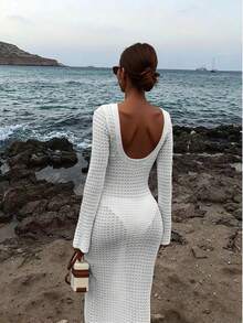 FOR BEAUTY 女士夏季新款纯白修身性感露背简约优雅针织长袖连衣裙，适合海滩、狂欢节、新年、度假、波西米亚风、性感、女士罩衫、夏季女装 - 白色 - 查看 4