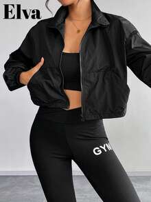 ELVA Black Zipper Pocket Coat, Sports Event Going Out, Women's School Back To School Clothes, Office Commuting, Daily Indoor And Outdoor Sports, Daily Dating, Casual Women's Outerwear