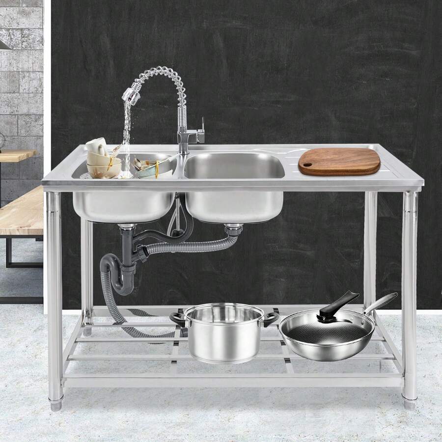 Fregadero de acero inoxidable de doble cubeta de 120 cm - grifo extraíble + encimera de almacenaje Capacidad de carga 100 kg (plata, acero inoxidable 201)