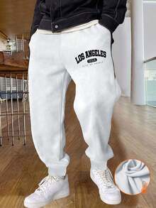 1pc Boys & Teens Loose Casual Versatile Solid Color Letter Print Decorative Fleece Jogger Pants, Spring/Autumn