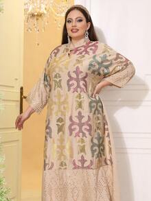 2026新款斋月传统优雅刺绣串珠连衣裙，V领，高端阿拉伯女装，春夏款 - 杏色 - 查看 2