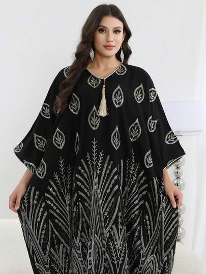 ASBB 2026新款斋月传统优雅银色串珠刺绣阿拉伯女式长袍，饰有流苏V领和喇叭袖，时尚别致