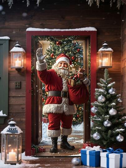 1 pieza - Cubierta de puerta navideña - Artículo decorativo navideño grande - Decoración decorativa de puerta frontal de Navidad con Papá Noel, renos, cachorros y regalos - Telón de fondo para fiesta de Navidad de invierno para uso en exteriores e interiores de 90*180cm/35*35 pulgadas.