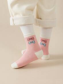 5 Pairs Girls' Mid-Calf Socks, Pink, White, Light Blue, Solid Color, Contrast Color, Cartoon Rabbit, Letter, Flower, Heart, Bow Decor, Autumn/Winter, Soft & Warm Thick, Simple Style, Cute, Fashionable, Versatile For Daily Wear - Multicolor - View 4