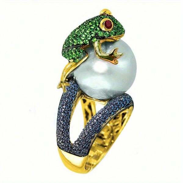 Fashion Creative Beautiful Frog Animal White Simulated Pearl Female Ring For Women Party Jewelry Accessories