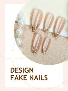 24pcs Pink Cat Eye French Manicure Nail Stickers, Almond Shape, Gold Line Decor, Minimalist Style, Smooth Surface, Full Coverage False Nails, Suitable For Women And Girls Daily Wear