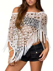 Women Sequin Embellishment Sheer Poncho Top Fringe Hem Off Shoulder See-Through Lightweight Knit Crochet Shrug Bolero Mesh Batwing Sleeve Sweater Fishnet Shawl Beach Cover Up Pullover Beachwear - 白色 - 查看 1