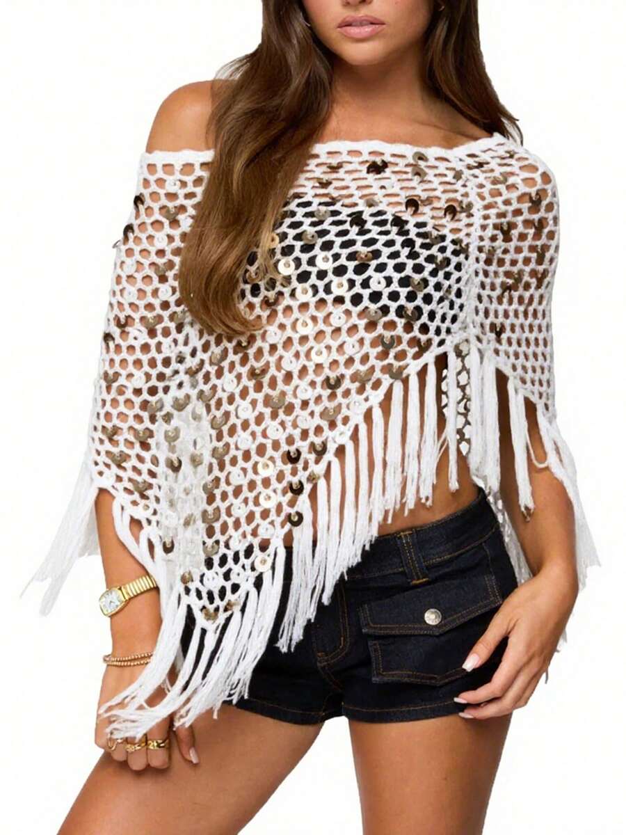 Women Sequin Embellishment Sheer Poncho Top Fringe Hem Off Shoulder See-Through Lightweight Knit Crochet Shrug Bolero Mesh Batwing Sleeve Sweater Fishnet Shawl Beach Cover Up Pullover Beachwear - 白色 - 查看 1