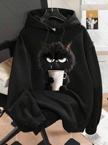 Plus Size Cat Print Hooded Sweatshirt For Women, Casual Long-Sleeved Patterned Sweatshirt For Back-To-School Season - Black - View 4