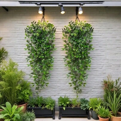 2 件仿真植物（不含花盆），仿真垂吊蕨类植物，仿真悬挂盆栽，仿真曼陀罗藤蔓蕨类植物，绿色植物墙框，适用于家居、客厅、室内外装饰，适合室内、室外、客厅相框装饰、房间、厨房、家居、婚礼、卧室装饰