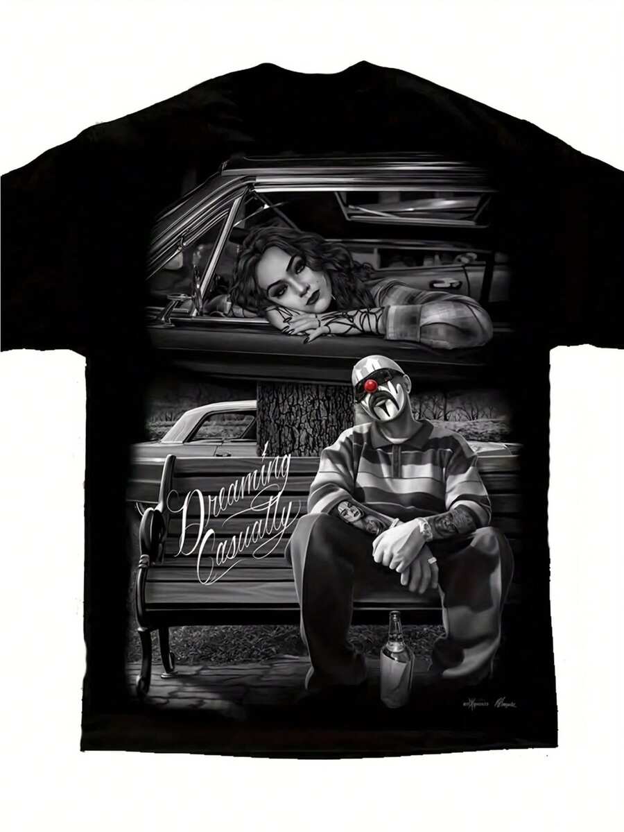 Men'S Dreaming Casually Lowrider Homies Art-Shirt - Comfortable Cotton, Round Neck, Short Sleeves, Vibrant Graphic Print, All-Season Wear, Allseason Apparel | Vibrant Graphic Tee | Cotton Fabric Cotton Printed Shirts - 黑色 - 查看 1