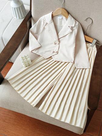 Girls' Elegant Apricot Short Blazer Matched With Pleated Wide-Leg Pants, 2 Pieces Set, Spring/Autumn