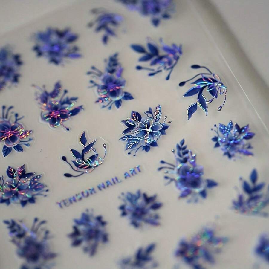 Shimmering 3D Floral Nail Art Stickers - Self-Adhesive, Unscented Glitter Decals For Easy DIY Manicures, Iridescent Blue & Purple Flower Designs, Perfect For Plastic Surfaces, Nail Stickers - Màu xanh lam - Xem 1