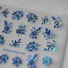 Shimmering 3D Floral Nail Art Stickers - Self-Adhesive, Unscented Glitter Decals For Easy DIY Manicures, Iridescent Blue & Purple Flower Designs, Perfect For Plastic Surfaces, Nail Stickers - Màu xanh lam - Xem 4
