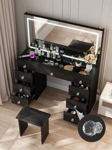 VOWNER 47.2" Large Vanity Desk With LED Lighted Mirror, Modern Makeup Vanity With Power Outlet, 9 Drawers And Soft Stool, 3 Color Light Modes, Brightness Adjustable, Bedroom Vanity Set Gifts For Girls Women, Halloween & Thanksgiving - Xem 5