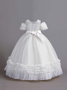 女童贴花荷叶边薄纱优雅晚礼服，适合钢琴演奏会、派对、花童等场合，不含头饰