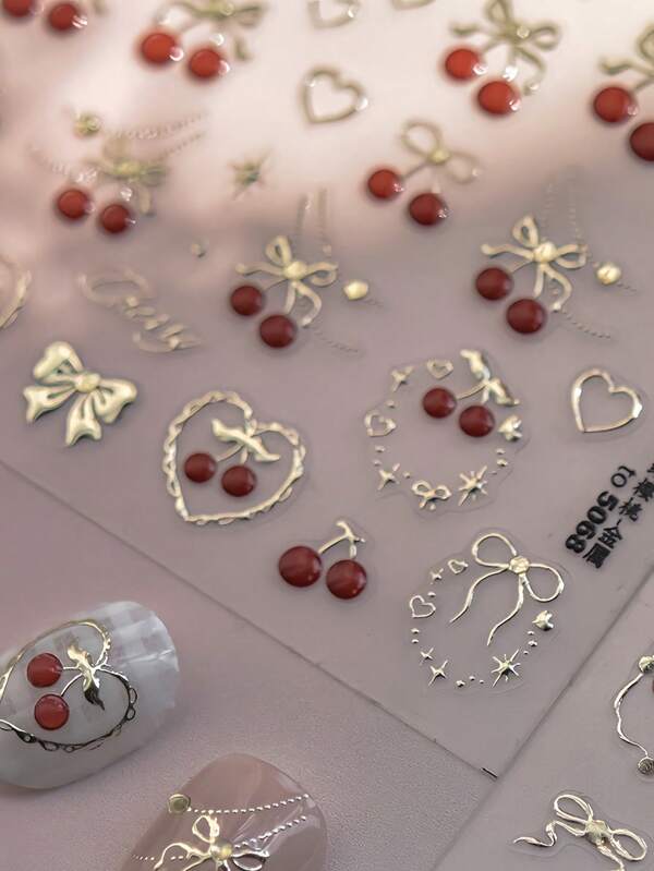 1 pieza Pegatinas de arte de uñas de metal 5D Lazos exquisitos y cerezas Pegatinas de uñas autoadhesivas de papel para accesorios de uñas DIY