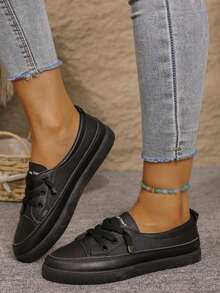 Women Plus Size White Sneakers, Fashion Flat Platform Casual Lace-Up Tennis Shoes, Versatile Student/School Shoes - 黑色 - 查看 3
