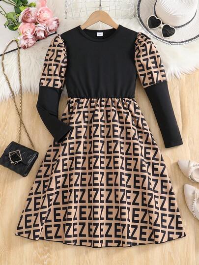 1 pièce Robe à manches gigot col rond polyvalente classique pour filles, robe vintage à manches longues imprimée de lettres anglaises décontracté de niche, taille marquée, patchwork. Robe patineuse à ligne A mode douce pour filles au quotidien