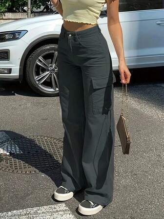 Casual High Waist Loose Flap Pockets Wide Leg Cargo Pants For Spring/Summer
