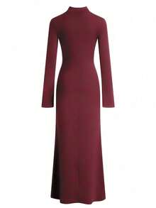 Women's Elegant Stand Collar Floor-Length Dress | Mermaid Hem Bell Sleeves Slim-Fit Casual Outfit | Suitable For Commute, Date, Gathering, Banquet, - Burgundy - View 6