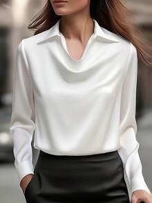 Blusa Elegante de Cetim com Gola Drapeada, Casual de Alta Qualidade e Confortável, Adequada para o Dia a Dia - Branco - Visão 2