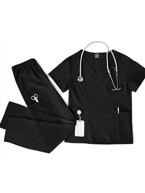 Women's Solid Color Care Set, Arched V-Neck Pullover Split Top With Cargo Pockets, Straight Leg Pants