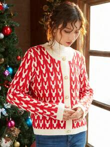 Knit Mix Elegant Women's Autumn/Winter Fashion Casual French Style Round Neck All-Over Print Colorblock Jacquard Front Button Long Sleeve Cardigan - Red - View 6