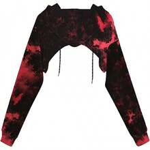 Sudadera corta con capucha de manga larga con cordón para mujer - Negro Rojo - Ver 2