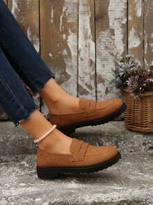 Women's Comfortable Thick Sole Casual Slip-On Loafers, Brown PU Leather, Fashion School Style Flat Oxfords, Suitable For Daily Commute, Autumn/Winter