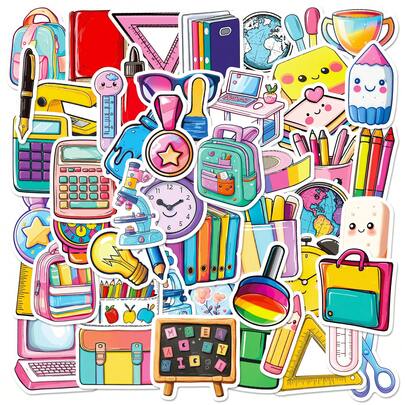 50张全新创意炫彩文具系列涂鸦贴纸，粉色电脑，紫色闹钟装饰贴