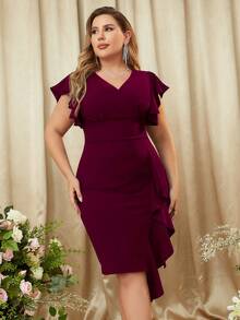 Plus V Neck Flounce Sleeve Contrast Ruffle Hem Evening Party Bodycon Dress - 紫紅色 - 查看 5