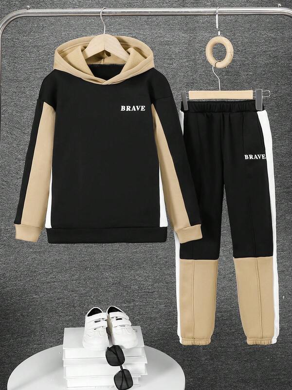 2pcs/Set Teen Boys' Casual Crew Neck Colorblock Sweatshirt And Matching Sweatpants, Suitable For Autumn, Winter, Warmth, School, Home, Daily, Sports, Outing