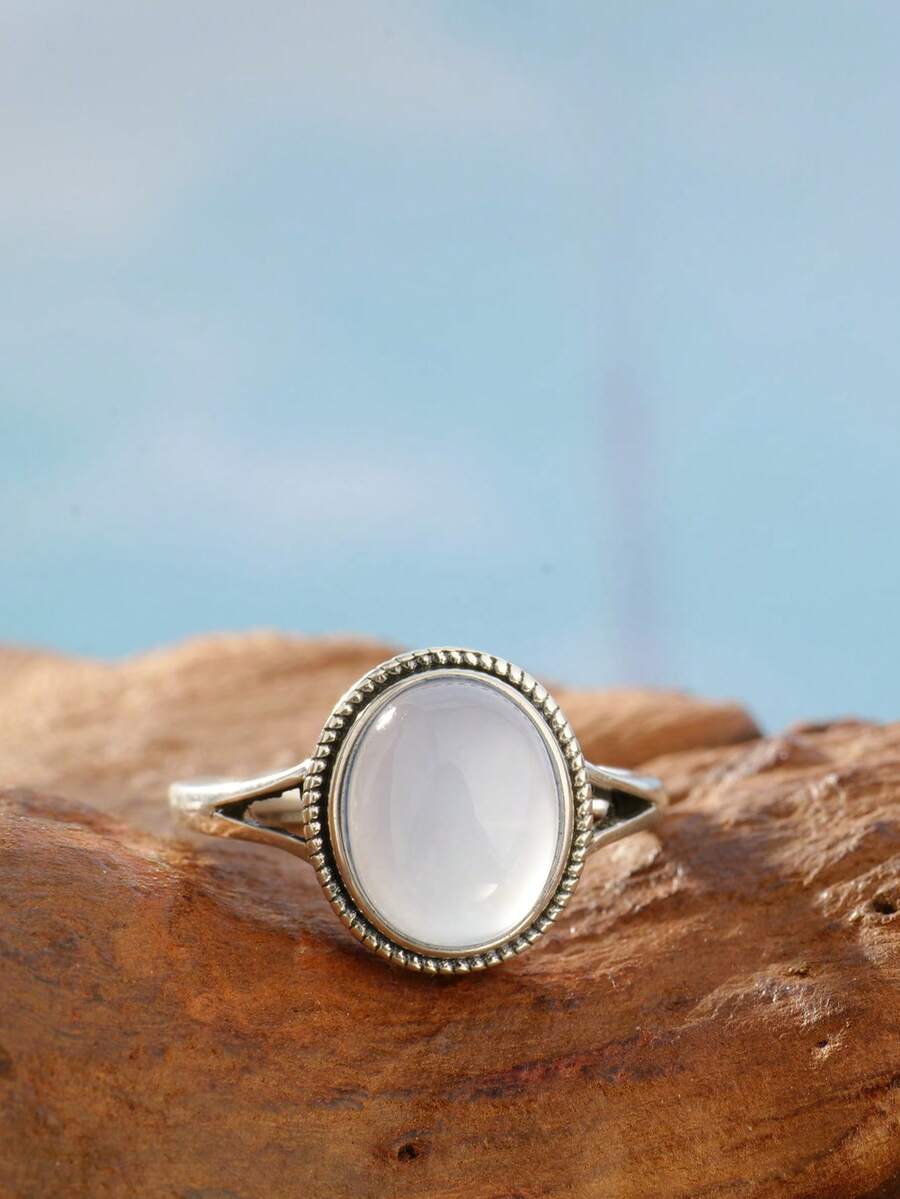 Natural Blue Agate Solid 925 Silver Ring 10x8mm Banded Stone Milgrain & Seed Bead Vintage Adjustable Band, Art Nouveau Natural Crystal Jewelry Antique Statement Promise Gift