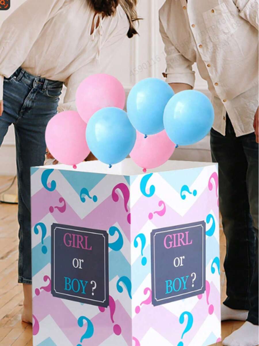 7pcs Gender Reveal Box Paired With 3 Pink Balloons And 3 Blue Balloons For A Surprise Party, Holiday Decorations