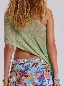 Women's Knit Tops Bell Sleeve Scoop Neck Sheer Sweater Crop Asymmetrical Tops - Green - View 4