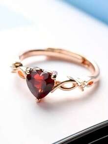 Heart-Shaped Red Zirconia Decor Ring, Casual & Versatile Accessory