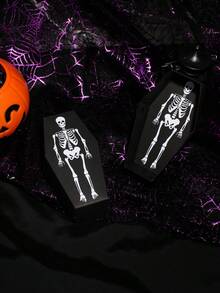 5pcs Halloween Skeleton Coffin Favor Box With Lid, Black Cardboard Gift Box For 5pcs Party Favors, Spooky Skeleton Print Packaging, Creepy Haunted House Supplies, Unique Gothic Party Decoration Box For Halloween Night, Small Present Holder With Fun Design, Scary Skeleton Style Decorative Box For Festival Events