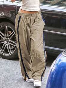 1pc Women's High Waist Solid Color Cargo Pants, Y2K Fashion Color Block Straight Leg Pants, Woven Fabric, Machine Washable, Suitable For All Seasons