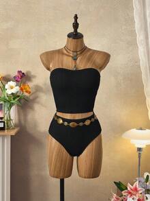 Bellisia Conjunto de biquíni feminino de verão, cor sólida, com faixa e parte de baixo franzidas, moda praia minimalista