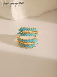 1pc European & American Style Luxurious Copper Electroplated Wheat Ear & Turquoise Adjustable Ring For Women, Flower & Leaf Design, Suitable For Daily Wear, Festivals, Weddings, Parties, Birthdays, Holidays, Gifts For Friends & Family, Christmas Gift