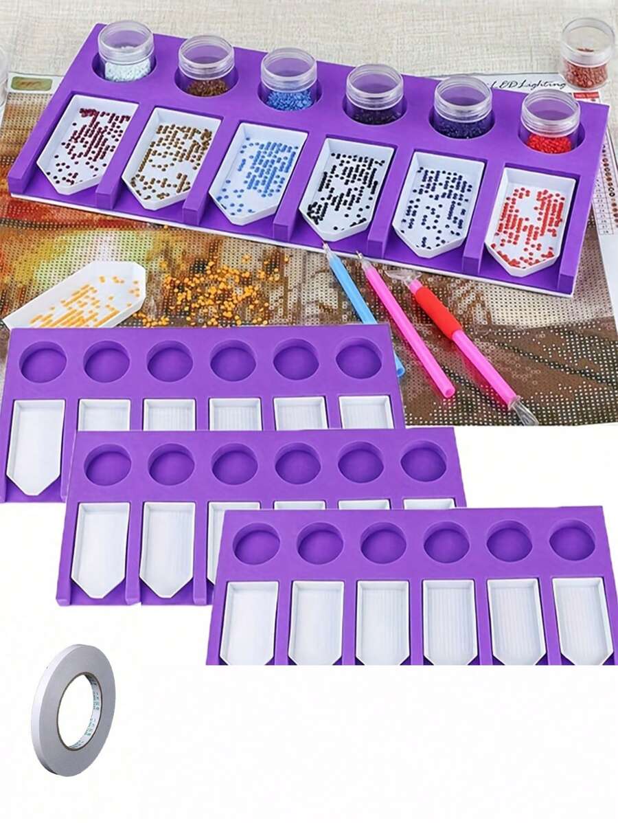 6-Fach Tablett Diamant-Malerei Zubehör Palette Finisher, lila EVA-Schaum Multi-Versand Palette Ständer für Diamant-Malerei Set, Diamant-Kunst Zubehör und Werkzeuge, Diamant-Malerei Aufbewahrungsbehälter für Strass (mit doppelseitigem Klebeband)