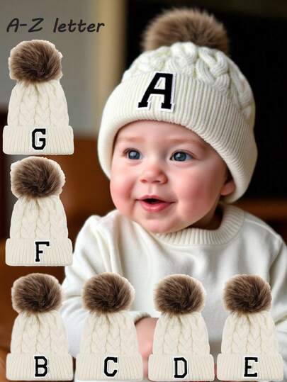 1pc A-Z Letter Knit Baby Hat, Newborn Knitted Beanie, Warm Cap, Unisex Baby, Solid Color Versatile Infant Hat